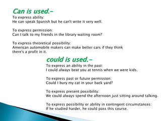 Can isused.- Toexpress ability:He can speak Spanish but he can't write it very well. Toexpress permission:Can I talk to my friends in the library waiting room?To express theoretical possibility:American automobile makers can make better cars if they think there's a profit in it.could is used.- To express an ability in the past:I could always beat you at tennis when we were kids. To express past or future permission:Could I bury my cat in your back yard? To express present possibility:We could always spend the afternoon just sitting around talking. To express possibility or ability in contingent circumstances:If he studied harder, he could pass this course.
