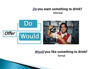 Do you want something to drink?InformalOfferWould you like something to drink?formal