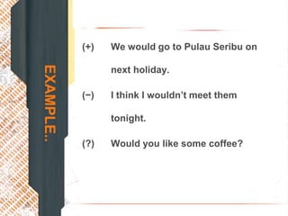 (+)   We would go to Pulau Seribu on
EXAMPLE..
                  next holiday.

            (−)   I think I wouldn’t meet them

                  tonight.

            (?)   Would you like some coffee?
 