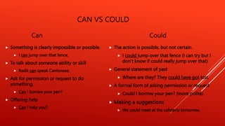 CAN VS COULD
Can
 Something is clearly impossible or possible.
 I can jump over that fence.
 To talk about someone ability or skill
 Radit can speak Cantonese.
 Ask for permission or request to do
something.
 Can I borrow your pen?
 Offering help
 Can I help you?
Could
 The action is possible, but not certain.
 I could jump over that fence (I can try but I
don’t know if could really jump over that)
 General statement of past
 Where are they? They could have got lost.
 A formal form of asking permission or request
 Could I borrow your pen? (more polite)
 Making a suggestions
 We could meet at the cafeteria tomorrow.
 