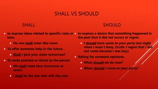 SHALL VS SHOULD
SHALL
 to express ideas related to specific rules or
laws.
 No one shall enter this room
 To offer someone help in the future.
 Shall I pick your sister tomorrow?
 To make promise or threat to the person
 We shall meet here tomorrow at
seven.
 I shall be the one who will slay you.
SHOULD
 to express a desire that something happened in
the past (but it did not occur) or regret.
 I should have come to your party last night
when I wasn’t busy. (truth: I regret that I did
not come because I was lazy)
 Asking for someone opinions.
 What should we do now?
 When should I come to your party?
 