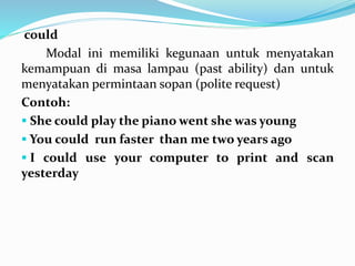 could
Modal ini memiliki kegunaan untuk menyatakan
kemampuan di masa lampau (past ability) dan untuk
menyatakan permintaan sopan (polite request)
Contoh:
 She could play the piano went she was young
 You could run faster than me two years ago
 I could use your computer to print and scan
yesterday
 