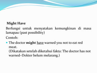 Might Have
Berfungsi untuk menyatakan kemungkinan di masa
lamapau (past possibility)
Contoh:
 The doctor might have warned you not to eat red
meat.
(Dikatakan setelah diketahui fakta: The doctor has not
warned–Dokter belum melarang.)
 