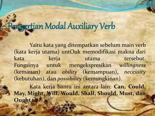 Pengertian Modal Auxiliary Verb
Yaitu kata yang ditempatkan sebelum main verb
(kata kerja utama) untOuk memodifikasi makna dari
kata kerja utama tersebut.
Fungsinya untuk mengekspresikan willingness
(kemauan) atau ability (kemampuan), necessity
(kebutuhan), dan possibility (kemungkinan).
Kata kerja bantu ini antara lain: Can, Could,
May, Might, Will, Would, Shall, Should, Must, dan
Ought to
 