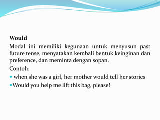 Would
Modal ini memiliki kegunaan untuk menyusun past
future tense, menyatakan kembali bentuk keinginan dan
preference, dan meminta dengan sopan.
Contoh:
 when she was a girl, her mother would tell her stories
Would you help me lift this bag, please!
 