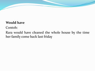 Would have
Contoh:
Rara would have cleaned the whole house by the time
her family come back last friday
 