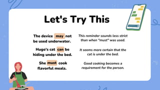 Let's Try This
This reminder sounds less strict
than when "must" was used.
The device not
be used underwater.
may
can
Hugo's cat be
hiding under the bed.
She cook
flavorful meals.
must
It seems more certain that the
cat is under the bed.
Good cooking becomes a
requirement for the person.
 