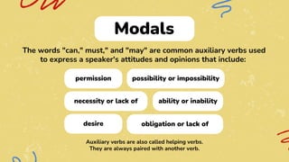 possibility or impossibility
obligation or lack of
permission
ability or inability
desire
necessity or lack of
Modals
The words "can," must," and "may" are common auxiliary verbs used
to express a speaker's attitudes and opinions that include:
Auxiliary verbs are also called helping verbs.
They are always paired with another verb.
 