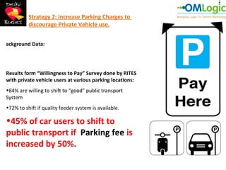 Strategy 2: Increase Parking Charges to
          discourage Private Vehicle use.


ackground Data:




Results form “Willingness to Pay” Survey done by RITES
with private vehicle users at various parking locations:
•84% are willing to shift to “good” public transport
System
•72% to shift if quality feeder system is available.

•45% of car users to shift to
public transport if Parking fee is
increased by 50%.
 