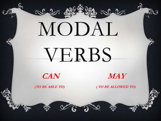 MODAL
VERBS
CAN

MAY

(TO BE ABLE TO)

( TO BE ALLOWED TO)

 