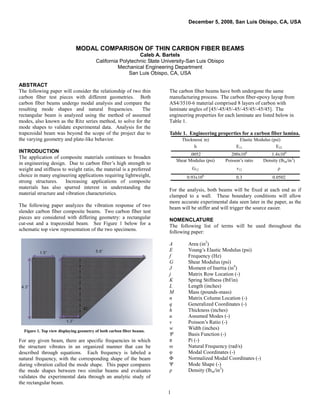 December 5, 2008, San Luis Obispo, CA, USA




                              MODAL COMPARISON OF THIN CARBON FIBER BEAMS
                                                            Caleb A. Bartels
                                         California Polytechnic State University-San Luis Obispo
                                                   Mechanical Engineering Department
                                                        San Luis Obispo, CA, USA

ABSTRACT
The following paper will consider the relationship of two thin          The carbon fiber beams have both undergone the same
carbon fiber test pieces with different geometries. Both                manufacturing process. The carbon fiber-epoxy layup from
carbon fiber beams undergo modal analysis and compare the               AS4/3510-6 material comprised 8 layers of carbon with
resulting mode shapes and natural frequencies.            The           laminate angles of [45/-45/45/-45/-45/45/-45/45]. The
rectangular beam is analyzed using the method of assumed                engineering properties for each laminate are listed below in
modes, also known as the Ritz series method, to solve for the           Table 1.
mode shapes to validate experimental data. Analysis for the
trapezoidal beam was beyond the scope of the project due to             Table 1. Engineering properties for a carbon fiber lamina.
the varying geometry and plate-like behavior.                                 Thickness( in)             Elastic Modulus (psi)
                                                                                    h                   E11                E22
INTRODUCTION
                                                                                  .0052               200x106           1.4x106
The application of composite materials continues to broaden
                                                                            Shear Modulus (psi)    Poisson’s ratio   Density (lbm/in3)
in engineering design. Due to carbon fiber’s high strength to
weight and stiffness to weight ratio, the material is a preferred                  G12                   v12                ρ
choice in many engineering applications requiring lightweight,                   0.93x10   6
                                                                                                        0.3               0.0502
strong structures.     Increasing applications of composite
materials has also spurred interest in understanding the                For the analysis, both beams will be fixed at each end as if
material structure and vibration characteristics.                       clamped to a wall. These boundary conditions will allow
                                                                        more accurate experimental data seen later in the paper, as the
The following paper analyzes the vibration response of two              beam will be stiffer and will trigger the source easier.
slender carbon fiber composite beams. Two carbon fiber test
pieces are considered with differing geometry: a rectangular            NOMENCLATURE
cut-out and a trapezoidal beam. See Figure 1 below for a                The following list of terms will be used throughout the
schematic top view representation of the two specimens.                 following paper:

                                                                        A        Area (in2)
                                                                        E        Young’s Elastic Modulus (psi)
                                                                        f        Frequency (Hz)
                                                                        G        Shear Modulus (psi)
                                                                        J        Moment of Inertia (in4)
                                                                        j        Matrix Row Location (-)
                                                                        K        Spring Stiffness (lbf/in)
                                                                        L        Length (inches)
                                                                        M        Mass (pounds-mass)
                                                                        n        Matrix Column Location (-)
                                                                        q        Generalized Coordinates (-)
                                                                        h        Thickness (inches)
                                                                        u        Assumed Modes (-)
                                                                        v        Poisson’s Ratio (-)
  Figure 1. Top view displaying geometry of both carbon fiber beams.
                                                                        w        Width (inches)
                                                                        Ψ        Basis Function (-)
For any given beam, there are specific frequencies in which             π        Pi (-)
the structure vibrates in an organized manner that can be               ω        Natural Frequency (rad/s)
described through equations. Each frequency is labeled a                φ        Modal Coordinates (-)
natural frequency, with the corresponding shape of the beam             Φ        Normalized Modal Coordinates (-)
during vibration called the mode shape. This paper compares             Ψ        Mode Shape (-)
the mode shapes between two similar beams and evaluates                 ρ        Density (lbm/in3)
validates the experimental data through an analytic study of
the rectangular beam.
                                                                       1
 