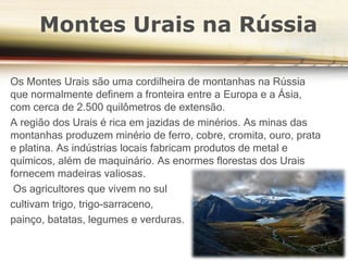 Montes Urais na Rússia
Os Montes Urais são uma cordilheira de montanhas na Rússia
que normalmente definem a fronteira entre a Europa e a Ásia,
com cerca de 2.500 quilômetros de extensão.
A região dos Urais é rica em jazidas de minérios. As minas das
montanhas produzem minério de ferro, cobre, cromita, ouro, prata
e platina. As indústrias locais fabricam produtos de metal e
químicos, além de maquinário. As enormes florestas dos Urais
fornecem madeiras valiosas.
Os agricultores que vivem no sul
cultivam trigo, trigo-sarraceno,
painço, batatas, legumes e verduras.
 