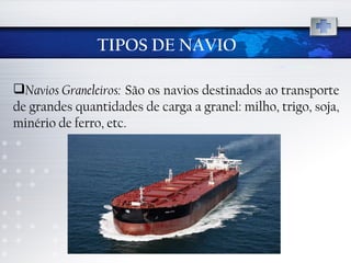 TIPOS DE NAVIO Navios Graneleiros:   São os navios destinados ao transporte de grandes quantidades de carga a granel: milho, trigo, soja, minério de ferro, etc.   