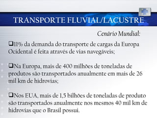 TRANSPORTE FLUVIAL/LACUSTRE 11% da demanda do transporte de cargas da Europa Ocidental é feita através de vias navegáveis; Na Europa, mais de 400 milhões de toneladas de produtos são transportados anualmente em mais de 26 mil km de hidrovias; Nos EUA, mais de 1,5 bilhões de toneladas de produto são transportados anualmente nos mesmos 40 mil km de hidrovias que o Brasil possui. Cenário Mundial: 