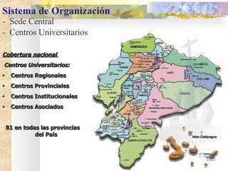 Sistema de Organización   -  Sede Central  -  Centros Universitarios   <ul><li>Cobertura nacional  </li></ul><ul><li>Centr...
