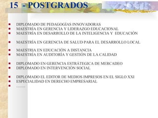 15  -   POSTGRADOS <ul><li>DIPLOMADO DE PEDAGOGÍAS INNOVADORAS </li></ul><ul><li>MAESTRÍA EN GERENCIA Y LIDERAZGO EDUCACIO...