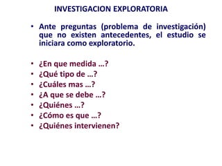 INVESTIGACION EXPLORATORIA
• Ante preguntas (problema de investigación)
que no existen antecedentes, el estudio se
iniciara como exploratorio.
• ¿En que medida …?
• ¿Qué tipo de …?
• ¿Cuáles mas …?
• ¿A que se debe …?
• ¿Quiénes …?
• ¿Cómo es que …?
• ¿Quiénes intervienen?
 