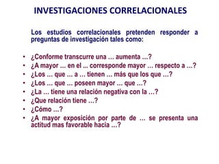 INVESTIGACIONES CORRELACIONALES
Los estudios correlacionales pretenden responder a
preguntas de investigación tales como:
• ¿Conforme transcurre una … aumenta …?
• ¿A mayor … en el ... corresponde mayor … respecto a …?
• ¿Los … que … a … tienen … más que los que …?
• ¿Los … que … poseen mayor … que …?
• ¿La … tiene una relación negativa con la …?
• ¿Que relación tiene …?
• ¿Cómo …?
• ¿A mayor exposición por parte de … se presenta una
actitud mas favorable hacia …?
 