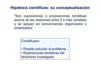 "Son suposiciones o proposiciones tentativas
acerca de las relaciones entre 2 o más variables
y se apoyan en conocimientos organizados y
sintetizados‖
Hipótesis científicas: su conceptualización
Constituyen:
• Posible solución al problema.
• Explicaciones tentativas del
fenómeno investigado.
 