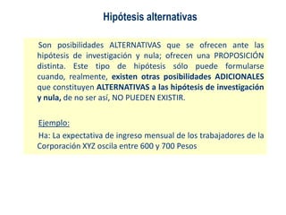 Hipótesis alternativas
Son posibilidades ALTERNATIVAS que se ofrecen ante las
hipótesis de investigación y nula; ofrecen una PROPOSICIÓN
distinta. Este tipo de hipótesis sólo puede formularse
cuando, realmente, existen otras posibilidades ADICIONALES
que constituyen ALTERNATIVAS a las hipótesis de investigación
y nula, de no ser así, NO PUEDEN EXISTIR.
Ejemplo:
Ha: La expectativa de ingreso mensual de los trabajadores de la
Corporación XYZ oscila entre 600 y 700 Pesos
 