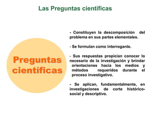 Las Preguntas científicas
Preguntas
científicas
- Constituyen la descomposición del
problema en sus partes elementales.
- Se formulan como interrogante.
- Sus respuestas propician conocer lo
necesario de la investigación y brindar
orientaciones hacia los medios y
métodos requeridos durante el
proceso investigativo.
- Se aplican, fundamentalmente, en
investigaciones de corte histórico-
social y descriptivo.
 