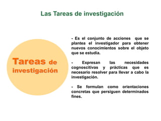 Las Tareas de investigación
Tareas de
investigación
- Es el conjunto de acciones que se
plantea el investigador para obtener
nuevos conocimientos sobre el objeto
que se estudia.
- Expresan las necesidades
cognoscitivas y prácticas que es
necesario resolver para llevar a cabo la
investigación.
- Se formulan como orientaciones
concretas que persiguen determinados
fines.
 