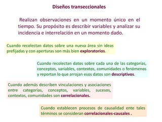Diseños transeccionales
Realizan observaciones en un momento único en el
tiempo. Su propósito es describir variables y analizar su
incidencia e interrelación en un momento dado.
Cuando recolectan datos sobre una nueva área sin ideas
prefijadas y con aperturas son más bien exploratorios.
Cuando recolectan datos sobre cada una de las categorías,
conceptos, variables, contextos, comunidades o fenómenos
y reportan lo que arrojan esos datos son descriptivos.
Cuando además describen vinculaciones y asociaciones
entre categorías, conceptos, variables, sucesos,
contextos, comunidades son correlacionales.
Cuando establecen procesos de causalidad ente tales
términos se consideran correlacionales-causales .
 