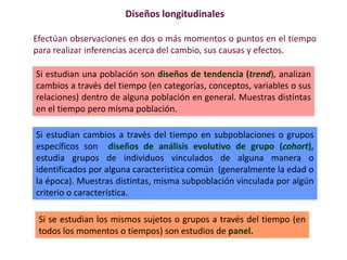 Diseños longitudinales
Efectúan observaciones en dos o más momentos o puntos en el tiempo
para realizar inferencias acerca del cambio, sus causas y efectos.
Si estudian una población son diseños de tendencia (trend), analizan
cambios a través del tiempo (en categorías, conceptos, variables o sus
relaciones) dentro de alguna población en general. Muestras distintas
en el tiempo pero misma población.
Si estudian cambios a través del tiempo en subpoblaciones o grupos
específicos son diseños de análisis evolutivo de grupo (cohort),
estudia grupos de individuos vinculados de alguna manera o
identificados por alguna característica común (generalmente la edad o
la época). Muestras distintas, misma subpoblación vinculada por algún
criterio o característica.
Si se estudian los mismos sujetos o grupos a través del tiempo (en
todos los momentos o tiempos) son estudios de panel.
 