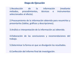 1.Recolección de la información (mediante
métodos, procedimientos, técnicas e instrumentos
seleccionados al efecto).
2.Procesamiento de la información obtenida para resumirlos y
presentarlos (tablas, gráficos y descripciones).
3.Análisis e interpretación de la información así obtenida.
4.Elaboración de las conclusiones y recomendaciones del
trabajo.
5.Determinar la forma en que se divulgarán los resultados.
6.Confección del informe final de investigación.
Etapa de Ejecución
 