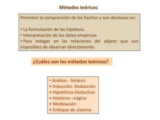 Métodos teóricos
Permiten la comprensión de los hechos y son decisivos en:
• La formulación de las hipótesis.
• Interpretación de los datos empíricos
• Para indagar en las relaciones del objeto que son
imposibles de observar directamente.
• Análisis - Síntesis
• Inducción- Deducción
• Hipotético-Deductivo
• Histórico –Lógico
• Modelación
• Enfoque de sistema
¿Cuáles son los métodos teóricos?
 
