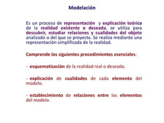 Modelación
Es un proceso de representación y explicación teórica
de la realidad existente o deseada, se utiliza para
descubrir, estudiar relaciones y cualidades del objeto
analizado o del que se proyecta. Se realiza mediante una
representación simplificada de la realidad.
Comprende los siguientes procedimientos esenciales:
- esquematización de la realidad real o deseada.
- explicación de cualidades de cada elemento del
modelo.
- establecimiento de relaciones entre los elementos
del modelo.
 