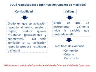 ¿Qué requisitos debe cubrir un instrumento de medición?
Confiabilidad Validez
Grado en que su aplicación
repetida al mismo sujeto u
objeto, produce iguales
resultados ()consistentes y
coherentes). No sería
confiable si su aplicación
repetida produce resultados
distintos).
Grado en que un
instrumento realmente
mide la variable que
pretende medir
Tres tipos de evidencia:
• Contenido
• Criterio
• Constructo
Validez total = Validez de Contenido + Validez de Criterio + Validez de Constructo
 