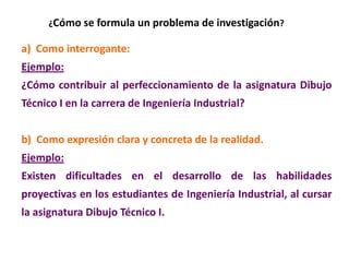 a) Como interrogante:
Ejemplo:
¿Cómo contribuir al perfeccionamiento de la asignatura Dibujo
Técnico I en la carrera de Ingeniería Industrial?
b) Como expresión clara y concreta de la realidad.
Ejemplo:
Existen dificultades en el desarrollo de las habilidades
proyectivas en los estudiantes de Ingeniería Industrial, al cursar
la asignatura Dibujo Técnico I.
¿Cómo se formula un problema de investigación?
 