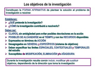 Los objetivos de la investigación
Establecen:
 ¿QUÉ pretende la investigación?
 ¿CÓMO la investigación contribuirá a resolverlo?
Deben ser:
 CLAROS, sin ambigüedad para evitar posibles desviaciones en la acción
 POSIBLES DE ALCANZARSE en el TIEMPO y con los RECURSOS disponibles
 Expresados en términos de ACCIÓN
 Desagregados en GENERAL y ESPECÍFICOS (sistema de objetivos)
 Deben especificar los límites ESPACIALES, CONTEXTUALES y TEMPORALES
del estudio
 Susceptibles de MODIFICACIÓN, ELIMINACIÓN y/o AÑADIDURA
Constituyen la FORMA AFIRMATIVA de plantear la solución al problema de
investigación a resolver.
Durante la investigación resulta común incluir, modificar y/o sustituir
objetivos, dependiendo de la dirección que toma la investigación
 