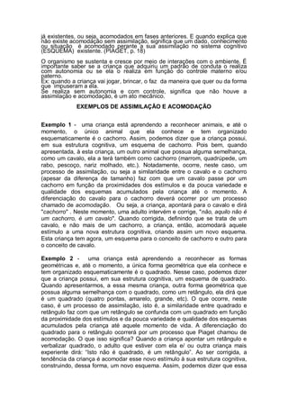 já existentes, ou seja, acomodados em fases anteriores. E quando explica que
não existe acomodação sem assimilação, significa que um dado, conhecimento
ou situação é acomodado perante a sua assimilação no sistema cognitivo
(ESQUEMA) existente. (PIAGET, p. 18)
O organismo se sustenta e cresce por meio de interações com o ambiente. É
importante saber se a criança que adquiriu um padrão de conduta o realiza
com autonomia ou se ela o realiza em função do controle materno e/ou
paterno.
Ex: quando a criança vai jogar, brincar, o faz da maneira que quer ou da forma
que impuseram a ela.
Se realiza sem autonomia e com controle, significa que não houve a
assimilação e acomodação, é um ato mecânico.
EXEMPLOS DE ASSIMILAÇÃO E ACOMODAÇÃO
Exemplo 1 - uma criança está aprendendo a reconhecer animais, e até o
momento, o único animal que ela conhece e tem organizado
esquematicamente é o cachorro. Assim, podemos dizer que a criança possui,
em sua estrutura cognitiva, um esquema de cachorro. Pois bem, quando
apresentada, à esta criança, um outro animal que possua alguma semelhança,
como um cavalo, ela a terá também como cachorro (marrom, quadrúpede, um
rabo, pescoço, nariz molhado, etc.). Notadamente, ocorre, neste caso, um
processo de assimilação, ou seja a similaridade entre o cavalo e o cachorro
(apesar da diferença de tamanho) faz com que um cavalo passe por um
cachorro em função da proximidades dos estímulos e da pouca variedade e
qualidade dos esquemas acumulados pela criança até o momento. A
diferenciação do cavalo para o cachorro deverá ocorrer por um processo
chamado de acomodação. Ou seja, a criança, apontará para o cavalo e dirá
"cachorro" . Neste momento, uma adulto intervém e corrige, "não, aquilo não é
um cachorro, é um cavalo". Quando corrigida, definindo que se trata de um
cavalo, e não mais de um cachorro, a criança, então, acomodará aquele
estímulo a uma nova estrutura cognitiva, criando assim um novo esquema.
Esta criança tem agora, um esquema para o conceito de cachorro e outro para
o conceito de cavalo.
Exemplo 2 - uma criança está aprendendo a reconhecer as formas
geométricas e, até o momento, a única forma geométrica que ela conhece e
tem organizado esquematicamente é o quadrado. Nesse caso, podemos dizer
que a criança possui, em sua estrutura cognitiva, um esquema de quadrado.
Quando apresentarmos, a essa mesma criança, outra forma geométrica que
possua alguma semelhança com o quadrado, como um retângulo, ela dirá que
é um quadrado (quatro pontas, amarelo, grande, etc). O que ocorre, neste
caso, é um processo de assimilação, isto é, a similaridade entre quadrado e
retângulo faz com que um retângulo se confunda com um quadrado em função
da proximidade dos estímulos e da pouca variedade e qualidade dos esquemas
acumulados pela criança até aquele momento de vida. A diferenciação do
quadrado para o retângulo ocorrerá por um processo que Piaget chamou de
acomodação. O que isso significa? Quando a criança apontar um retângulo e
verbalizar quadrado, o adulto que estiver com ela e/ ou outra criança mais
experiente dirá: “Isto não é quadrado, é um retângulo”. Ao ser corrigida, a
tendência da criança é acomodar esse novo estímulo à sua estrutura cognitiva,
construindo, dessa forma, um novo esquema. Assim, podemos dizer que essa
 