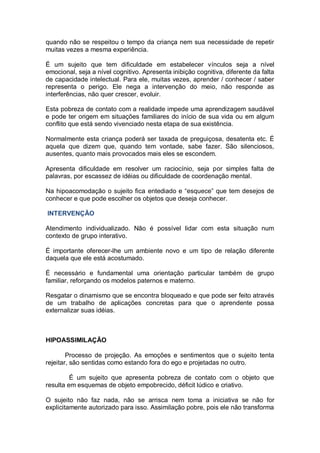 quando não se respeitou o tempo da criança nem sua necessidade de repetir
muitas vezes a mesma experiência.
É um sujeito que tem dificuldade em estabelecer vínculos seja a nível
emocional, seja a nível cognitivo. Apresenta inibição cognitiva, diferente da falta
de capacidade intelectual. Para ele, muitas vezes, aprender / conhecer / saber
representa o perigo. Ele nega a intervenção do meio, não responde as
interferências, não quer crescer, evoluir.
Esta pobreza de contato com a realidade impede uma aprendizagem saudável
e pode ter origem em situações familiares do início de sua vida ou em algum
conflito que está sendo vivenciado nesta etapa de sua existência.
Normalmente esta criança poderá ser taxada de preguiçosa, desatenta etc. É
aquela que dizem que, quando tem vontade, sabe fazer. São silenciosos,
ausentes, quanto mais provocados mais eles se escondem.
Apresenta dificuldade em resolver um raciocínio, seja por simples falta de
palavras, por escassez de idéias ou dificuldade de coordenação mental.
Na hipoacomodação o sujeito fica entediado e “esquece” que tem desejos de
conhecer e que pode escolher os objetos que deseja conhecer.
INTERVENÇÃO
Atendimento individualizado. Não é possível lidar com esta situação num
contexto de grupo interativo.
É importante oferecer-lhe um ambiente novo e um tipo de relação diferente
daquela que ele está acostumado.
É necessário e fundamental uma orientação particular também de grupo
familiar, reforçando os modelos paternos e materno.
Resgatar o dinamismo que se encontra bloqueado e que pode ser feito através
de um trabalho de aplicações concretas para que o aprendente possa
externalizar suas idéias.
HIPOASSIMILAÇÃO
Processo de projeção. As emoções e sentimentos que o sujeito tenta
rejeitar, são sentidas como estando fora do ego e projetadas no outro.
É um sujeito que apresenta pobreza de contato com o objeto que
resulta em esquemas de objeto empobrecido, déficit lúdico e criativo.
O sujeito não faz nada, não se arrisca nem toma a iniciativa se não for
explicitamente autorizado para isso. Assimilação pobre, pois ele não transforma
 