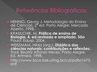  HENNIG, Georg J. Metodologia do Ensino
  de Ciências. 2ª ed. Porto Alegre: Mercado
  Aberto, 1998.
 KRASILCHIK, M. Prática de ensino de
  Biologia. 4. ed revisada e ampliada. São
  Paulo: Edusp, 2004.
 WEISSMAM, Hilda (org.). Didática das
  ciências naturais: contribuições e reflexões.
  Trad. Beatriz Affonso Neves. Porto Alegre:
  Ed. Artmed, 1998.
 http://www.foco.fae.ufmg.br/cd/pdfs/1675.
  pdf
 