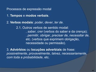 Processos de expressão modal
1. Tempos e modos verbais.
2. Verbos modais: poder, dever, ter de.
2.1. Outros verbos de sentido modal:
. saber, crer (verbos do saber e da crença);
. permitir, obrigar, precisar de, necessitar de,
etc. (verbos que exprimem obrigação,
necessidade ou permissão).

3. Advérbios ou locuções adverbiais de frase:
possivelmente, provavelmente, talvez, necessariamente,
com toda a probabilidade, etc.

4/9

 