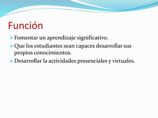Función 
Fomentar un aprendizaje significativo. 
Que los estudiantes sean capaces desarrollar sus 
propios conocimientos. 
Desarrollar la actividades presenciales y virtuales. 
 