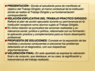 PRESENTACIÓN : Donde el estudiante pone de manifiesto el
objetivo del Trabajo Dirigido; el marco contextual de la institución
donde se realizo el Trabajo Dirigido y su fundamentación
correspondiente.
RELACIÓN EXPLICATIVA DEL TRABAJO PRACTICO DIRIGIDO:
Refiere el plan de acción ejecutado durante su permanencia en la
Institución receptora como alumno sujeto al Trabajo Dirigido.
En dicha relación se puntualiza las acciones realizadas y su
relevancia social, jurídica o política, relacionada con su formación;
la aplicación practica y complementaria para su futuro desempeño
profesional.
PROPUESTA DE SOLUCIONES: Consiste en la exposición de las
medidas y acciones conducentes a solucionar los problemas
detectados en el diagnostico, con sus respectivas
argumentaciones.
VALORACIÓN FINAL: En este apartado se expresa la valoración
final o de conjunto, que destaque, en su caso, la significación y
trascendencia del trabajo realizado.
PRESENTACIÓN : Donde el estudiante pone de manifiesto el
objetivo del Trabajo Dirigido; el marco contextual de la institución
donde se realizo el Trabajo Dirigido y su fundamentación
correspondiente.
RELACIÓN EXPLICATIVA DEL TRABAJO PRACTICO DIRIGIDO:
Refiere el plan de acción ejecutado durante su permanencia en la
Institución receptora como alumno sujeto al Trabajo Dirigido.
En dicha relación se puntualiza las acciones realizadas y su
relevancia social, jurídica o política, relacionada con su formación;
la aplicación practica y complementaria para su futuro desempeño
profesional.
PROPUESTA DE SOLUCIONES: Consiste en la exposición de las
medidas y acciones conducentes a solucionar los problemas
detectados en el diagnostico, con sus respectivas
argumentaciones.
VALORACIÓN FINAL: En este apartado se expresa la valoración
final o de conjunto, que destaque, en su caso, la significación y
trascendencia del trabajo realizado.
 