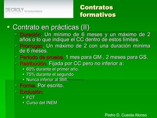 Temporales de carácter coyunturalContrato de sustitución por anticipación de la edad de jubilaciónObjeto. Contratar a trabajadores desempleados que sustituyan a trabajadores que anticipen en 1 año su jubilación ordinaria.Duración. Mínimo 1 añoJornada. La que tuviera el trabajador sustituidoForma. Por escrito.Tramitación. Se entrega copia al trabajador sustituido para que pueda gestionar su jubilación.Pedro D. Cuesta Alonso