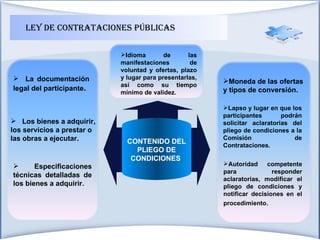 LEY DE CONTRATACIONES PÚBLICAS CONTENIDO DEL PLIEGO DE CONDICIONES  Los bienes a adquirir, los servicios a prestar o las obras a ejecutar. La documentación legal del participante .  Especificaciones técnicas detalladas de los bienes a adquirir. Moneda de las ofertas y tipos de conversión. Lapso y lugar en que los participantes podrán solicitar aclaratorias del pliego de condiciones a la Comisión de Contrataciones.  Autoridad competente para responder aclaratorias, modificar el pliego de condiciones y notificar decisiones en el procedimiento .  Idioma de las manifestaciones de voluntad y ofertas, plazo y lugar para presentarlas, así como su tiempo mínimo de validez.  