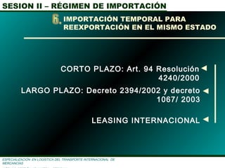 SESION II – RÉGIMEN DE IMPORTACIÓN
ESPECIALIZACIÓN EN LOGÌSTICA DEL TRANSPORTE INTERNACIONAL DE
MERCANCÌAS
CORTO PLAZO: Art. 94 Resolución
4240/2000
LARGO PLAZO: Decreto 2394/2002 y decreto
1067/ 2003
LEASING INTERNACIONAL
IMPORTACIÓN TEMPORAL PARA
REEXPORTACIÓN EN EL MISMO ESTADO
 