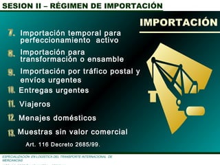 SESION II – RÉGIMEN DE IMPORTACIÓN
ESPECIALIZACIÓN EN LOGÌSTICA DEL TRANSPORTE INTERNACIONAL DE
MERCANCÌAS
Art. 116 Decreto 2685/99.
IMPORTACIÓN
Importación temporal para
perfeccionamiento activo
Importación para
transformación o ensamble
Importación por tráfico postal y
envíos urgentes
Entregas urgentes
Viajeros
Menajes domésticos
Muestras sin valor comercial
 