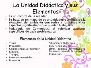 La Unidad Didáctica y sus 
Elementos 
• Es un recorte de la realidad. 
• Se basa en un mapa de oportunidades o análisis de la 
situación, del ambiente que rodea a los niños y los 
aspectos significativos que pueden trabajarse. 
• Pedagogía de Contenidos: al valorizar aspectos 
específicos de cada problemática. 
Elementos de la Unidad Didáctica 
• Título 
• Propósitos. 
• Competencias a Favorecer. 
• Espacio. 
• Tiempo. 
• Recursos materiales. 
• Itinerario. 
• Situaciones Didácticas. 
• Experiencia directa 
• Otros campos formativos a 
favorecer fuera de la Unidad. 
• Evaluación. 
 