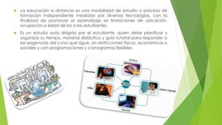  La educación a distancia es una modalidad de estudio o proceso de
formación independiente mediada por diversas tecnologías, con la
finalidad de promover el aprendizaje sin limitaciones de ubicación,
ocupación o edad de los o las estudiantes.
 Es un estudio auto dirigido por el estudiante, quien debe planificar y
organizar su tiempo, material didáctico y guía tutorial para responder a
las exigencias del curso que sigue, sin restricciones físicas, económicas o
sociales y con programaciones y cronogramas flexibles.
 
