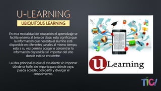 En esta modalidad de educación el aprendizaje se
facilita externo al área de clase, esto significa que
la información que necesita el alumno está
disponible en diferentes canales al mismo tiempo,
esto a su vez permite acoger e concentrar la
información disponible sin importar del sitio
donde esta se encuentre.
La idea principal es que el estudiante sin importar
dónde se halle, sin importa para dónde vaya,
pueda acceder, compartir y divulgar el
conocimiento.
 