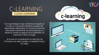 Es el aprendizaje virtual / electrónico basado en
la nube, el cual reúne elementos propios del
aprendizaje colaborativo, en la que los alumnos
interactúan activamente, ya sea presencial o a
distancia, donde se asegura la accesibilidad, sin
importar la hora o el lugar.
Se toman en consideración en este tipo de
formación, las redes sociales, la realidad virtual y
los blogs.
 
