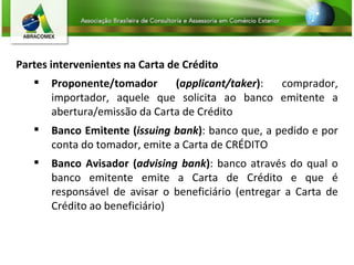 Partes intervenientes na Carta de Crédito Proponente/tomador ( applicant/taker ) : comprador, importador, aquele que solicita ao banco emitente a abertura/emissão da Carta de Crédito Banco Emitente ( issuing bank ) : banco que, a pedido e por conta do tomador, emite a Carta de CRÉDITO Banco Avisador ( advising bank ) : banco através do qual o banco emitente emite a Carta de Crédito e que é responsável de avisar o beneficiário (entregar a Carta de Crédito ao beneficiário) 