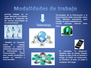 Teletrabajo
permite trabajar en un
lugar diferente a la oficina.
Mediante la utilización de
las nuevas tecnologías de
la comunicación
Tecnologías de la Información y la
Comunicación (más conocidas como
TICs). Básicas necesarias para
trabajar en esta modalidad son:
Celular, cámaras, internet entre
otras.
También es conocido
como el trabajo
realizado a distancia
utilizando Tecnologías de
la Información y la
Comunicación (TICs)
para vender productos o
prestar un servicio a
nivel mundial.
El concepto “a distancia”
significa que se puede trabajar
desde su casa, la de un familiar o
amigo, un hotel, un restaurante,
un ómnibus, un auto, un ciyber o
cualquier otro lugar.
 